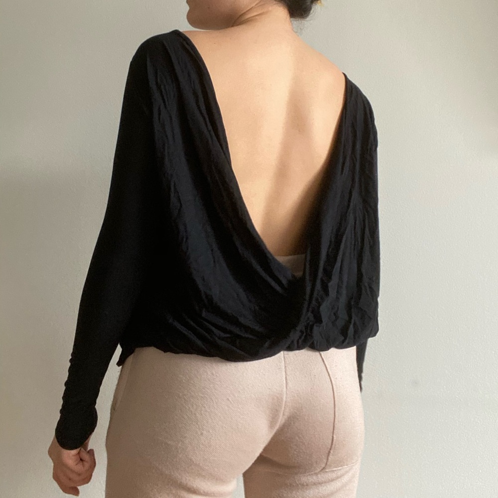 Long Sleeve Black Top with Open Twist Back, Small